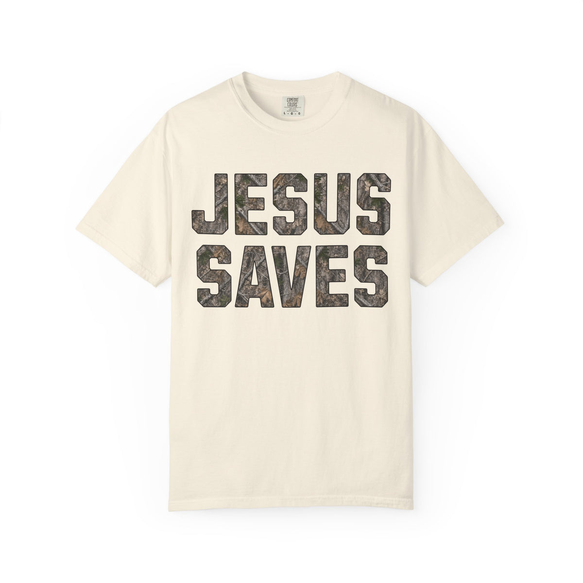 Jesus Saves T-Shirt — Camo Block Letter Christian Tee