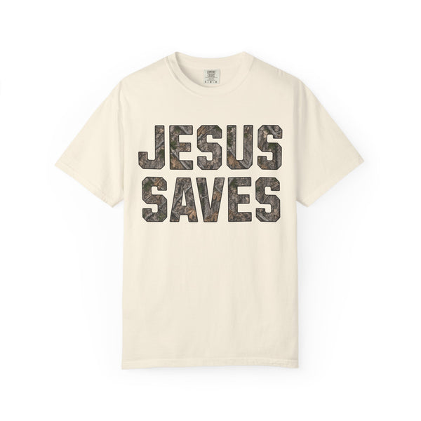 Jesus Saves T-Shirt — Camo Block Letter Christian Tee