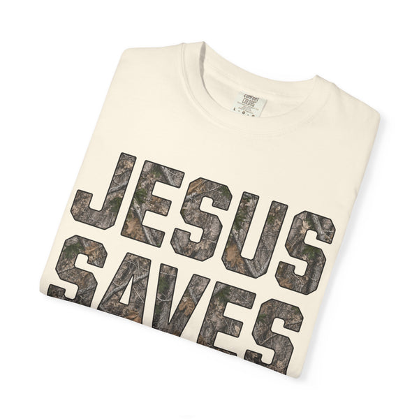 Jesus Saves T-Shirt — Camo Block Letter Christian Tee