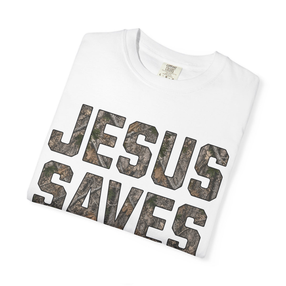 Jesus Saves T-Shirt — Camo Block Letter Christian Tee