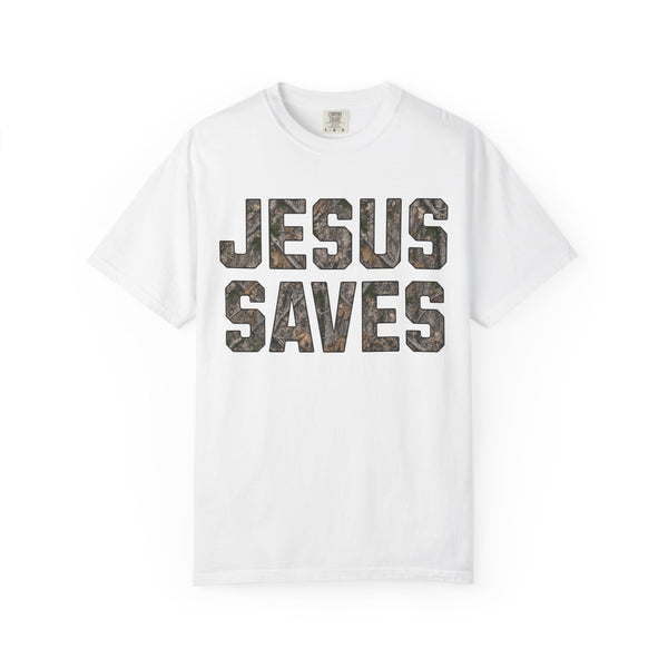 Jesus Saves T-Shirt — Camo Block Letter Christian Tee