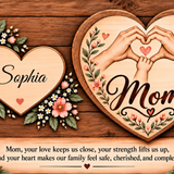Two heart-shaped wooden plaques with floral borders on a rustic wood background. One plaque is personalized with the name 'Sophia' and the other features two hands forming a heart shape above the word 'Mom.