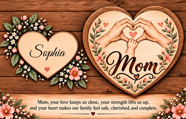 Two heart-shaped wooden plaques with floral borders on a rustic wood background. One plaque is personalized with the name 'Sophia' and the other features two hands forming a heart shape above the word 'Mom.