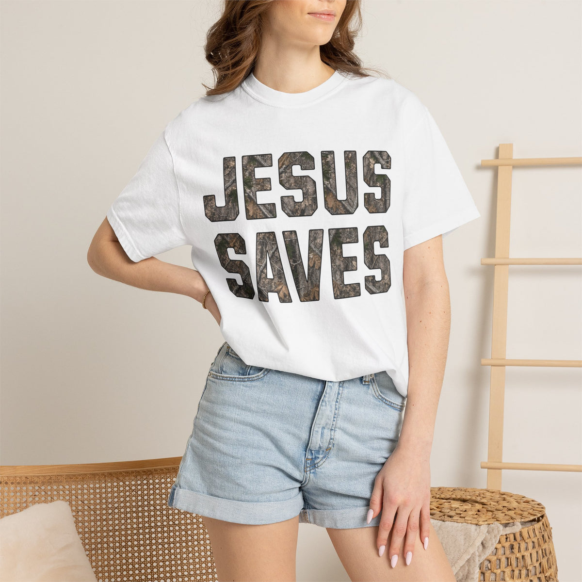 Jesus Saves T-Shirt — Camo Block Letter Christian Tee