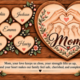 Personalized wooden heart-shaped family wall art set on a rustic wood background, featuring five individual heart plaques with names (Sophia, Jackson, Emma, Olivia, Henry) and one large central heart plaque with hands and feet forming a heart shape, surrounded by floral borders and a sentimental message at the bottom.