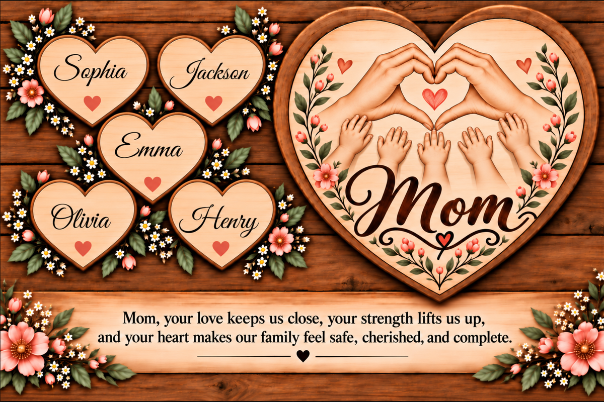 Personalized wooden heart-shaped family wall art set on a rustic wood background, featuring five individual heart plaques with names (Sophia, Jackson, Emma, Olivia, Henry) and one large central heart plaque with hands and feet forming a heart shape, surrounded by floral borders and a sentimental message at the bottom.