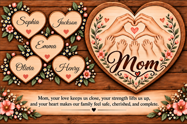 Personalized wooden heart-shaped family wall art set on a rustic wood background, featuring five individual heart plaques with names (Sophia, Jackson, Emma, Olivia, Henry) and one large central heart plaque with hands and feet forming a heart shape, surrounded by floral borders and a sentimental message at the bottom.