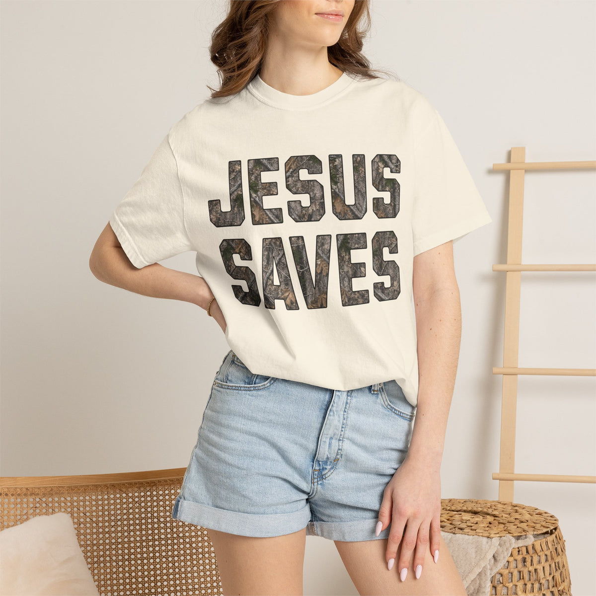 Jesus Saves T-Shirt — Camo Block Letter Christian Tee