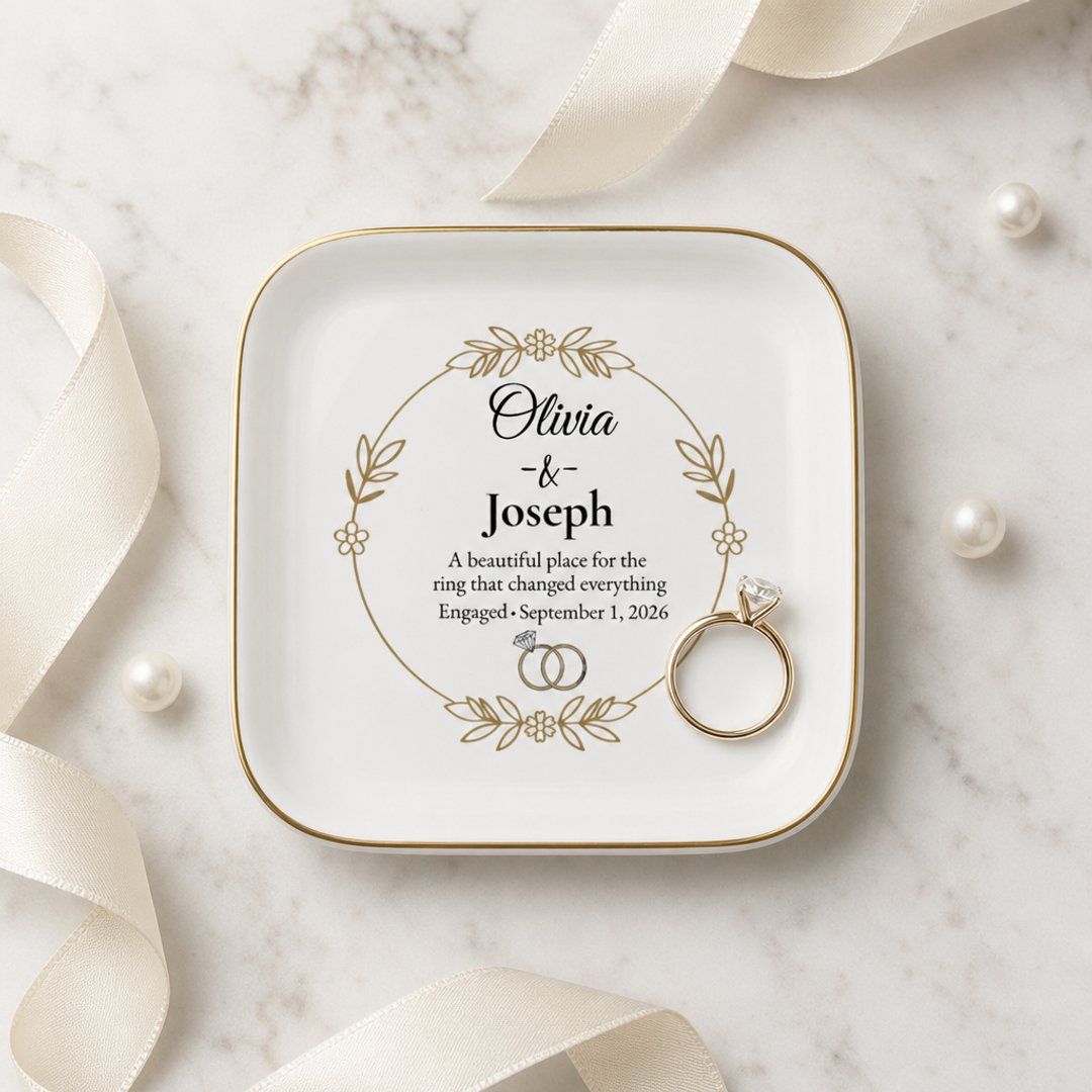 A square white ceramic ring box with rounded corners and a gold rim, printed with a floral wreath and personalized names 'Olivia & Joseph' with wedding text. A gold ring with a clear gemstone rests inside the box.