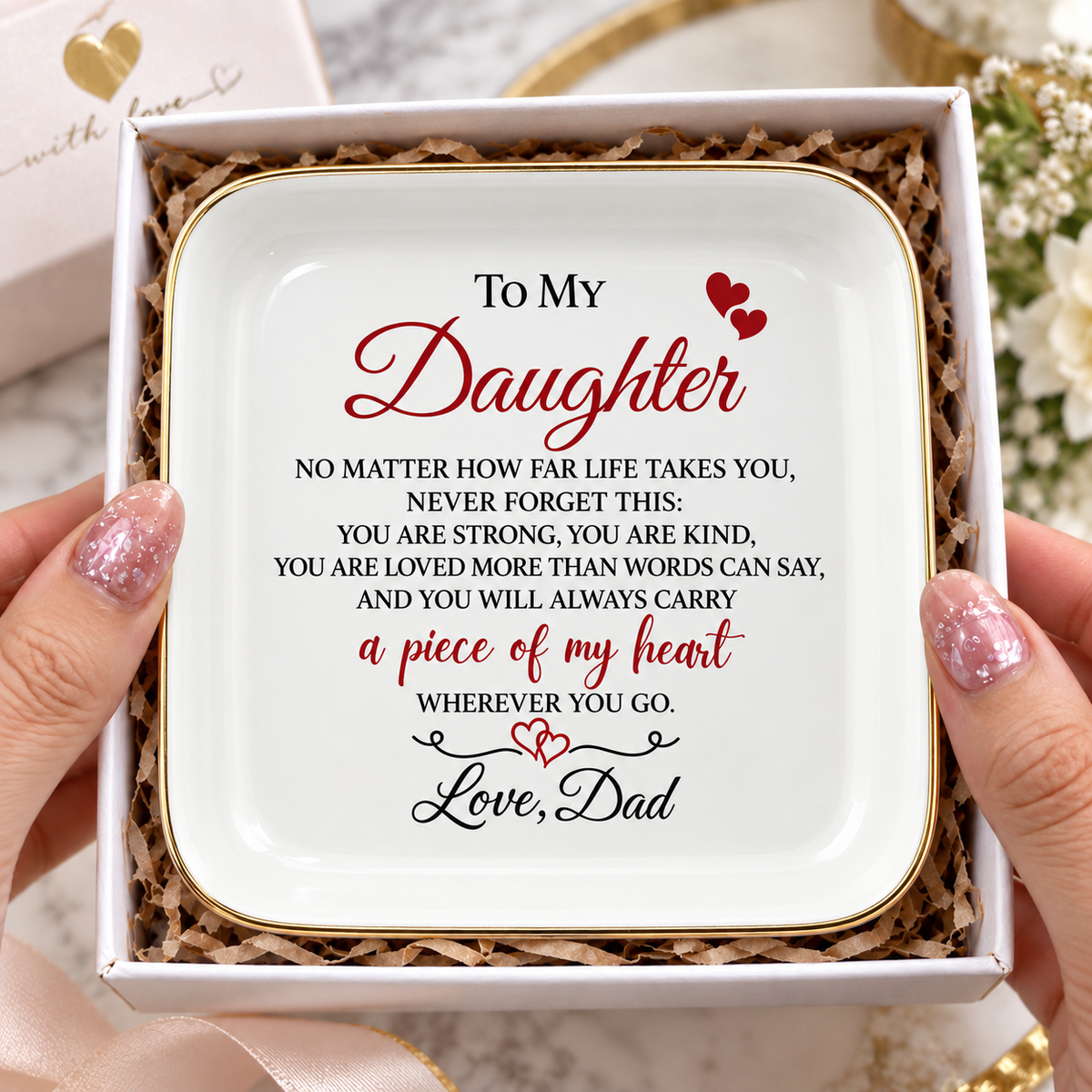 A square white ceramic keepsake dish with rounded corners, gold trim, and a sentimental quote for a daughter, held in a gift box by two hands. The quote is printed in black and red text with small red hearts.