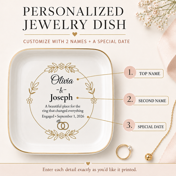 A square white personalized jewelry dish with gold trim and printed custom text and ring illustration, shown on a soft beige background with decorative flowers, a gold ring, and callout labels pointing to top name, second name, and special date.