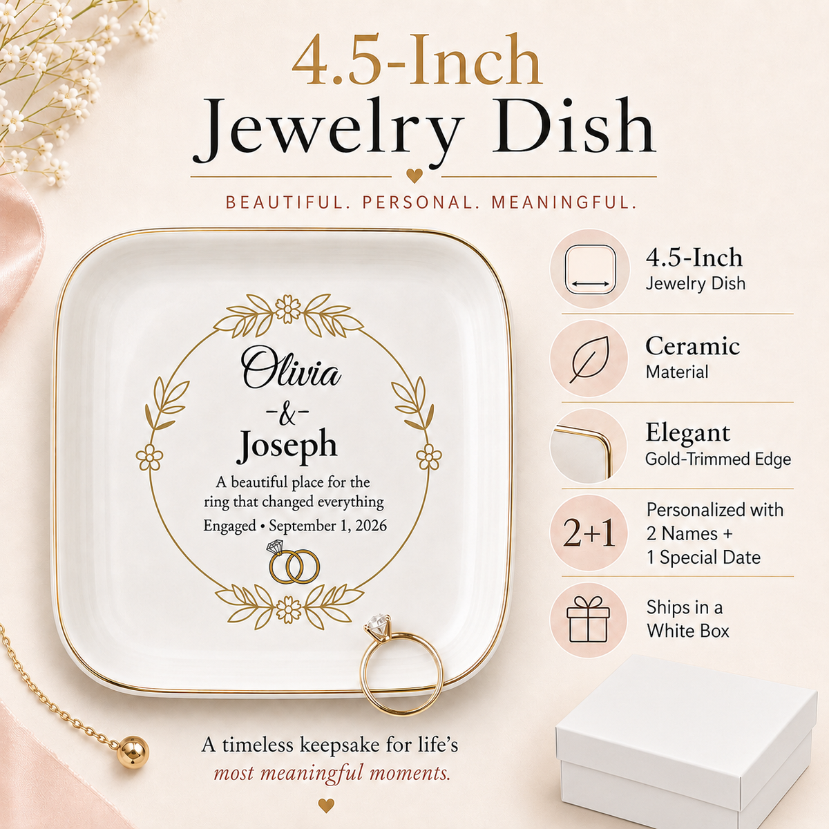 A personalized 4.5-inch ceramic jewelry dish with gold trim, featuring custom engraving for 'Olivia & Joseph' with wedding rings.