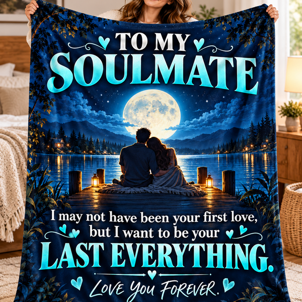 A woman holds up a large fleece blanket featuring a romantic night scene with a couple sitting by a lake under a full moon, with the text 'TO MY SOULMATE' and 'I may not have been your first love, but I want to be your LAST EVERYTHING. Love You FOREVER.
