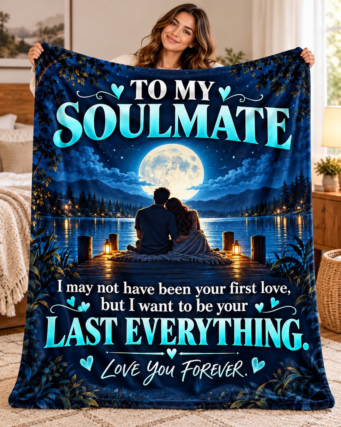 A woman holds up a large fleece blanket featuring a romantic night scene with a couple sitting by a lake under a full moon, with the text 'TO MY SOULMATE' and 'I may not have been your first love, but I want to be your LAST EVERYTHING. Love You FOREVER.