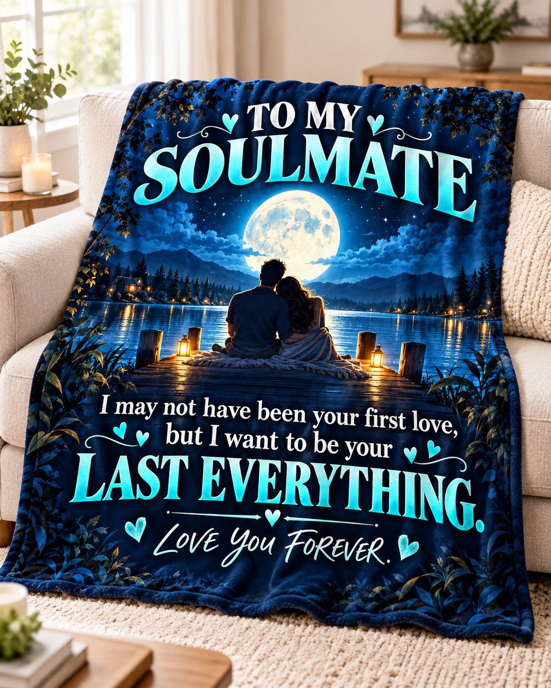 A printed blanket draped over a beige sofa in a living room. The blanket features a dark blue night-sky scene with a couple sitting by a lake at a dock, a large full moon, and large turquoise text that reads, 'TO MY SOULMATE' and 'I may not have been your first love, but I want to be your LAST EVERYTHING.