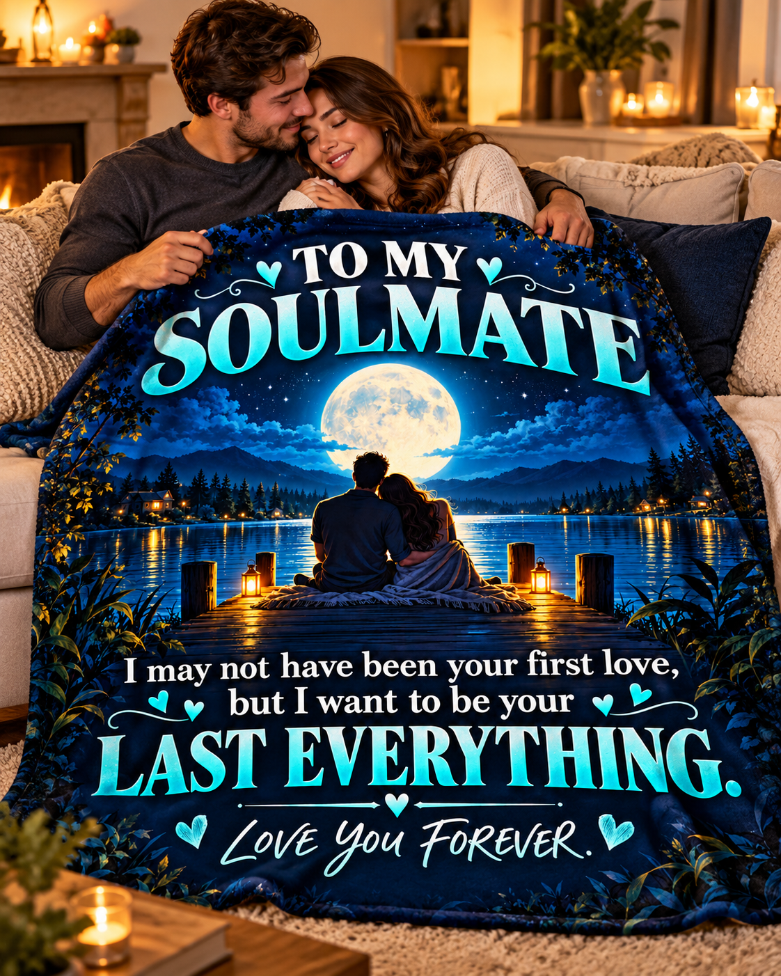 A couple huddled under a cozy blanket on a couch in a warmly lit living room. The blanket features a printed night scene with a couple sitting by a lake under a full moon, with the text 'TO MY SOULMATE I may not have been your first love, but I want to be your LAST EVERYTHING.