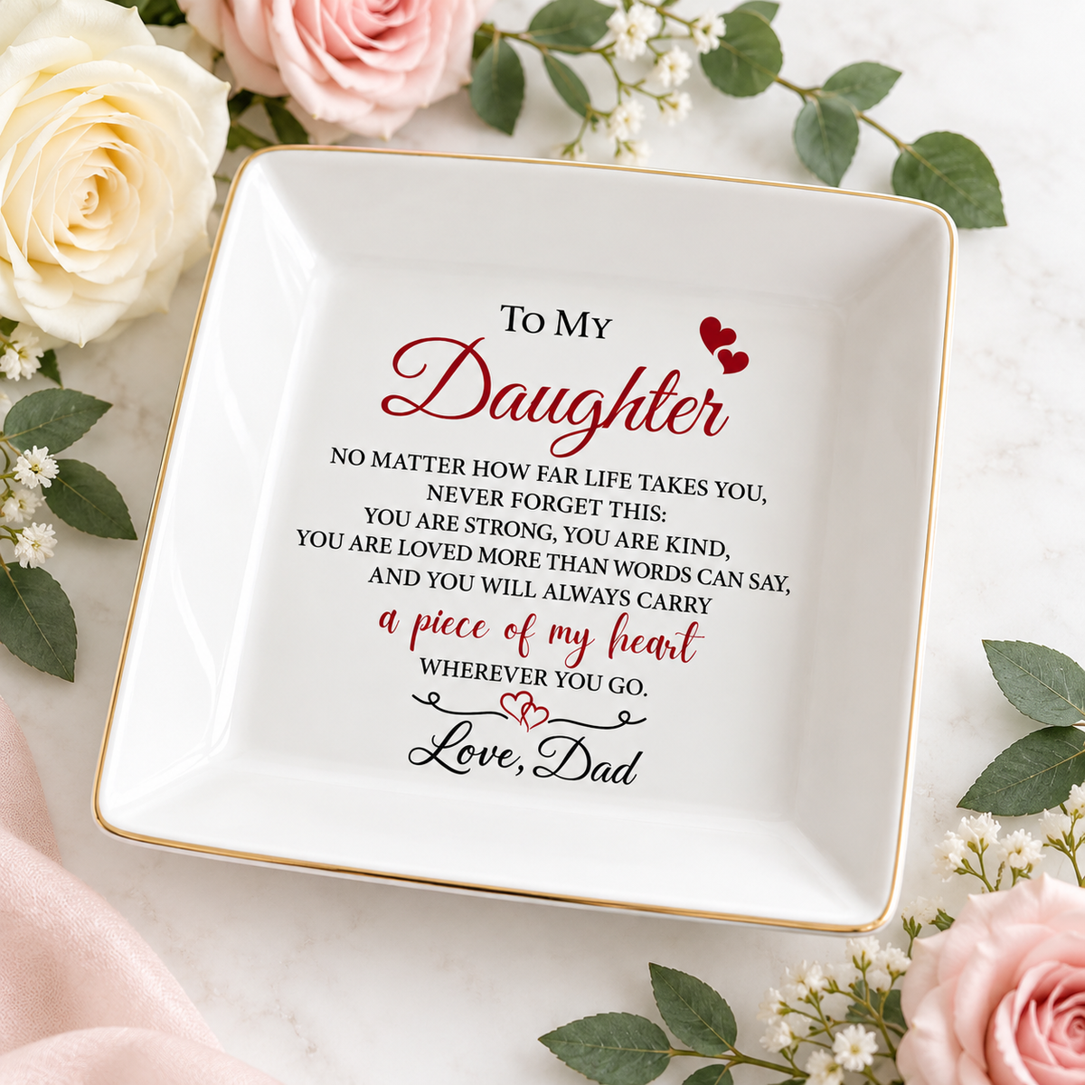 Personalized Daughter Jewelry Dish – No Matter How Far, Love From Mom or Dad