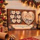 Personalized wooden wall art plaque displayed in a decorated holiday living room. The rectangular wood panel features a large heart with two hands and the word 'Mom,' six smaller heart-shaped names around floral borders, and a sentimental message at the bottom.
