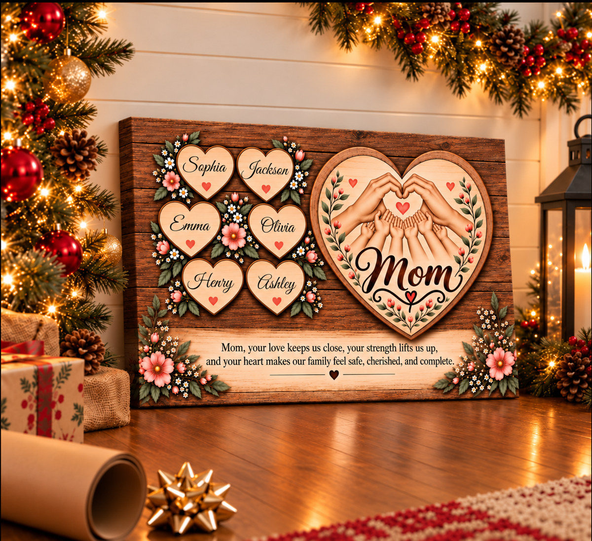 Personalized wooden wall art plaque displayed in a decorated holiday living room. The rectangular wood panel features a large heart with two hands and the word 'Mom,' six smaller heart-shaped names around floral borders, and a sentimental message at the bottom.