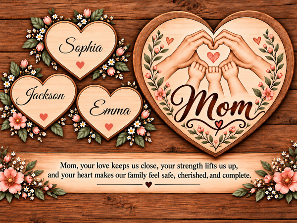 Personalized wooden sign set featuring a large heart-shaped sign with hands forming a heart shape and the word 'Mom,' plus three smaller heart signs with names Sophia, Jackson, and Emma. Decorative floral arrangements and a wooden plank with a sentimental message are shown on a rustic wood background.