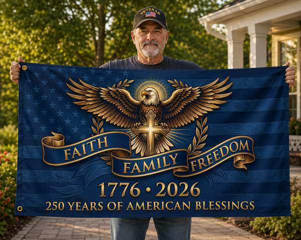 Faith Family Freedom 1776–2026 Double-Sided Patriotic Flag