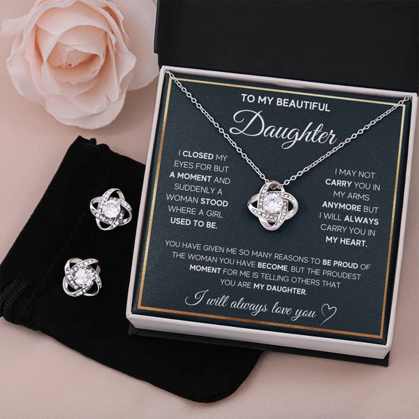 To My Beautiful Daughter | I Will Always Love You | Love Knot Earring & Necklace Set