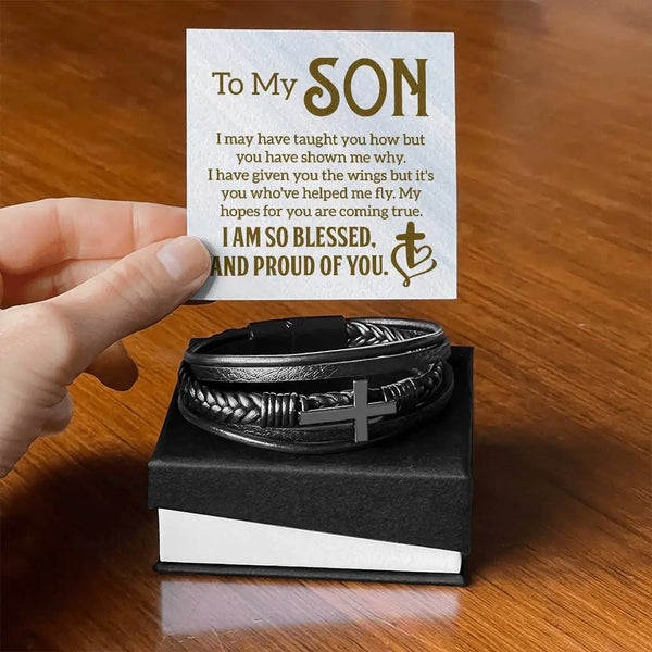 To My Son | So Blessed and Proud Of You | Men's Cross Leather Bracelet