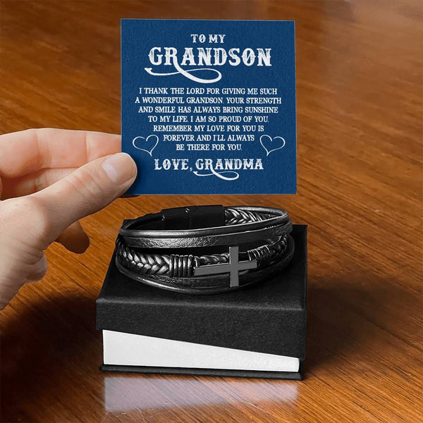 To My Grandson | Love Grandma | Men's Cross Leather Bracelet