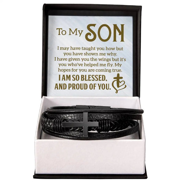 To My Son | So Blessed and Proud Of You | Men's Cross Leather Bracelet