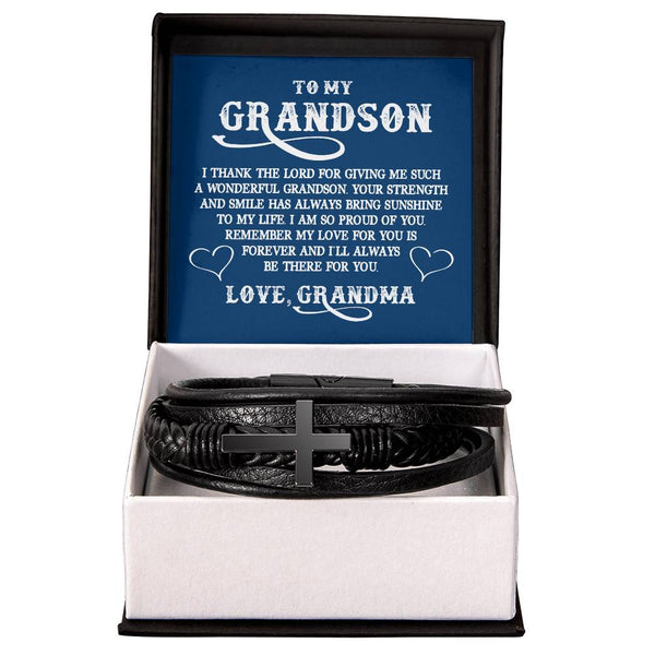 To My Grandson | Love Grandma | Men's Cross Leather Bracelet