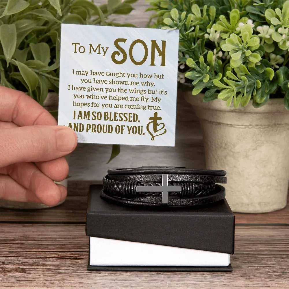 To My Son | So Blessed and Proud Of You | Men's Cross Leather Bracelet