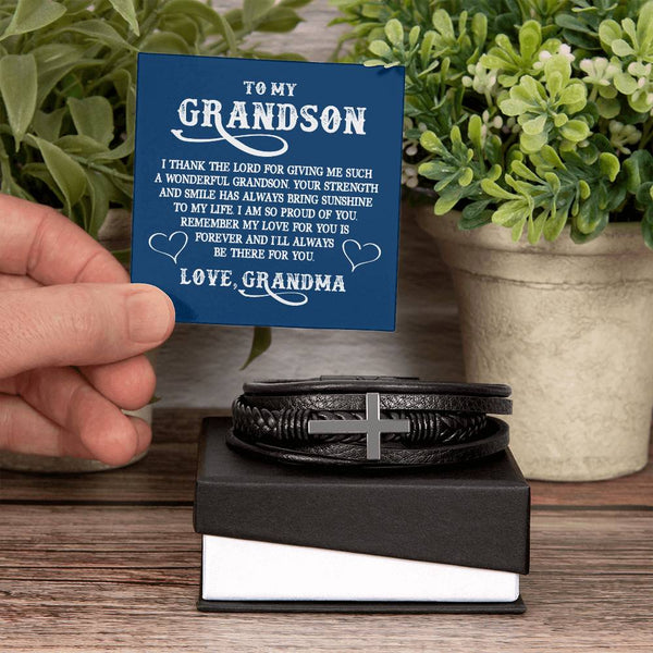 To My Grandson | Love Grandma | Men's Cross Leather Bracelet