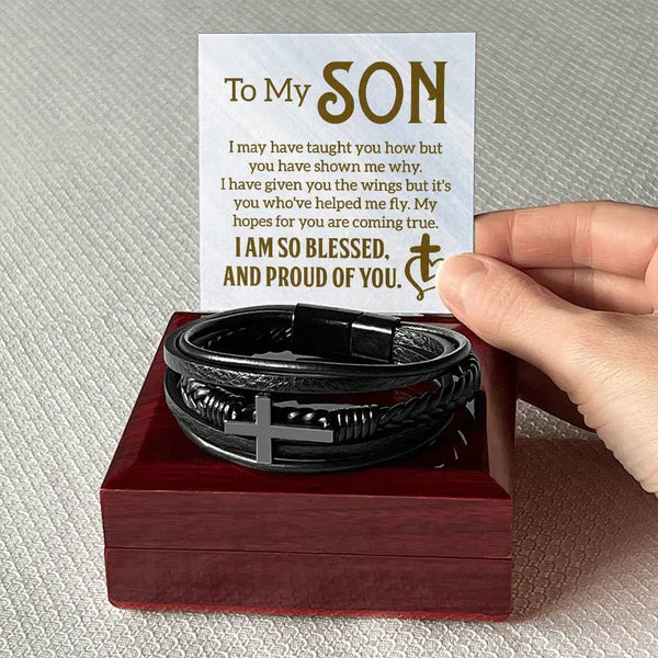 To My Son | So Blessed and Proud Of You | Men's Cross Leather Bracelet