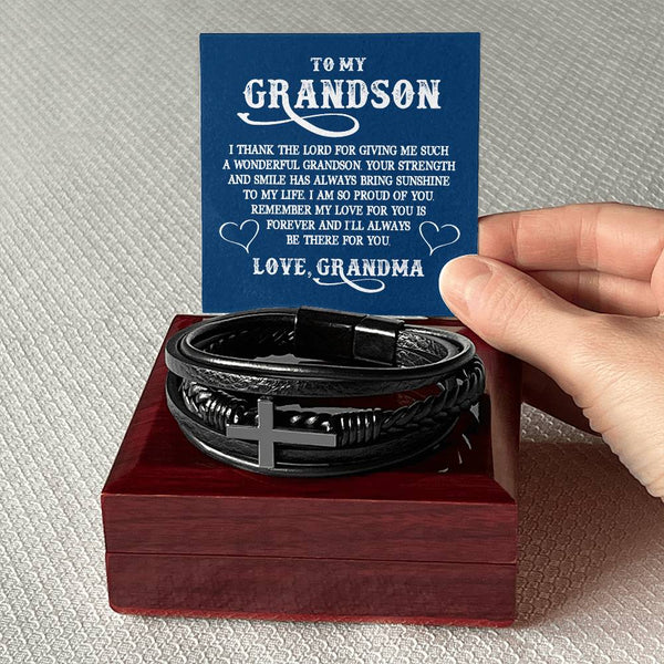 To My Grandson | Love Grandma | Men's Cross Leather Bracelet