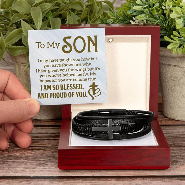 To My Son | So Blessed and Proud Of You | Men's Cross Leather Bracelet