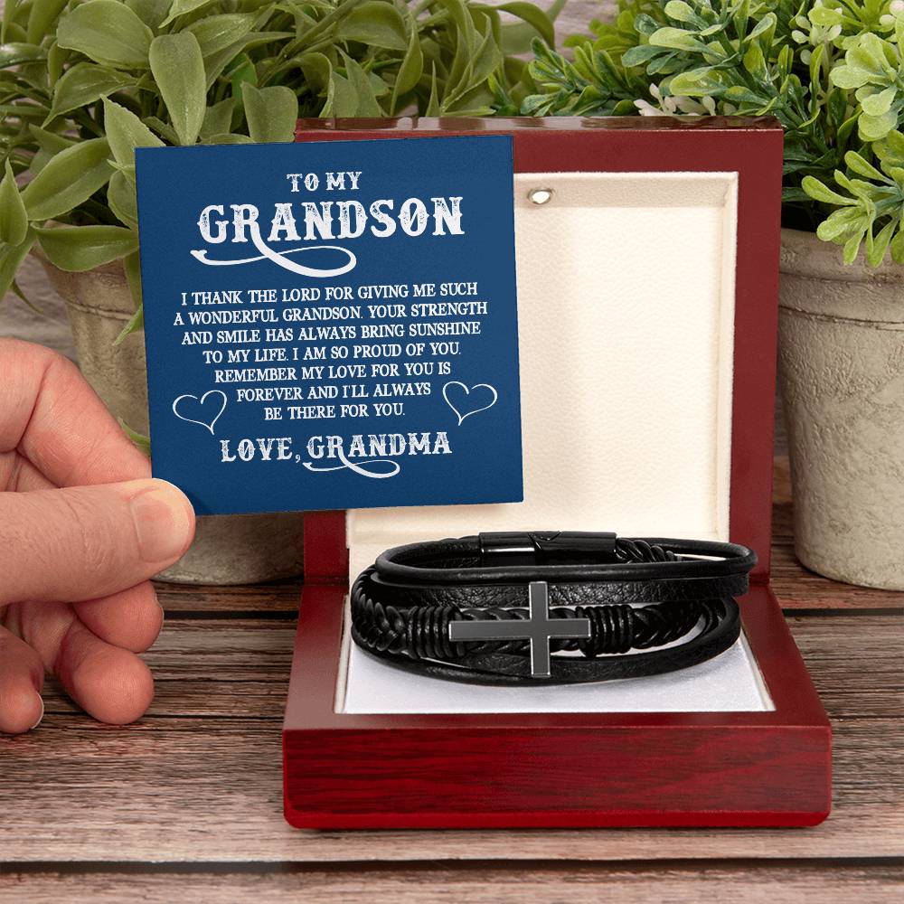 To My Grandson | Love Grandma | Men's Cross Leather Bracelet