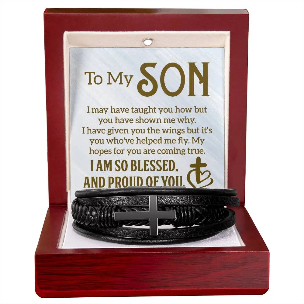 To My Son | So Blessed and Proud Of You | Men's Cross Leather Bracelet