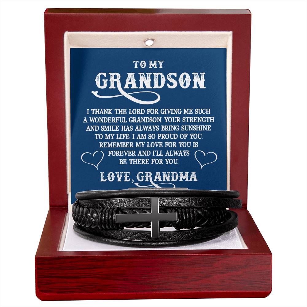 To My Grandson | Love Grandma | Men's Cross Leather Bracelet