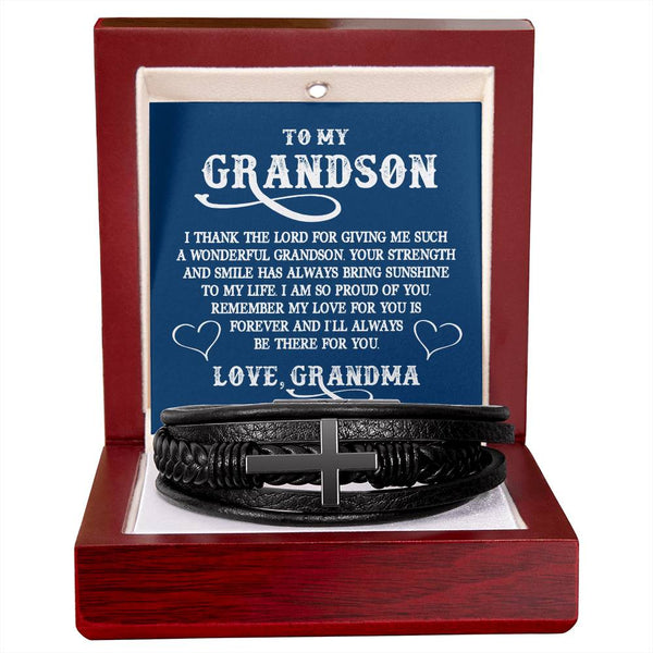 To My Grandson | Love Grandma | Men's Cross Leather Bracelet