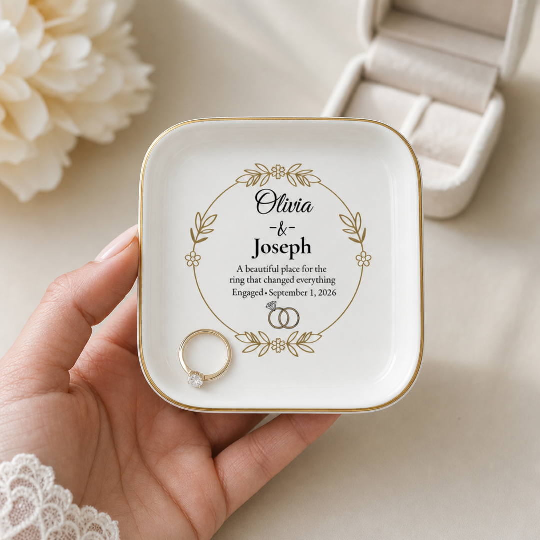 A hand holds a small square white ring box with rounded corners and gold trim. The top is printed with a personalized floral wreath design and the names Olivia & Joseph with a small engagement date.
